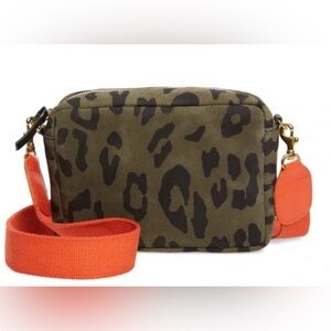 CLARE V Midi Leopard Print Leather Shoulder Bag Army Green Pablo Cat Suede